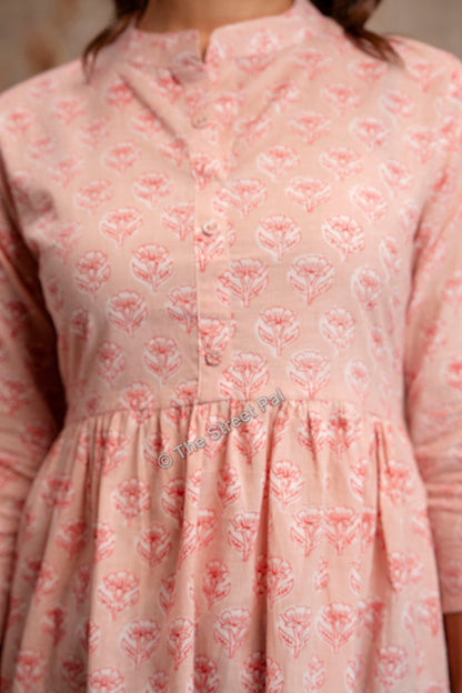 Hand Block Cotton Short Kurti – Blush Pink Buti Print