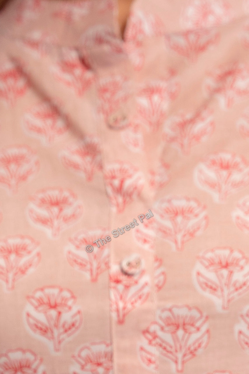 Hand Block Cotton Short Kurti – Blush Pink Buti Print