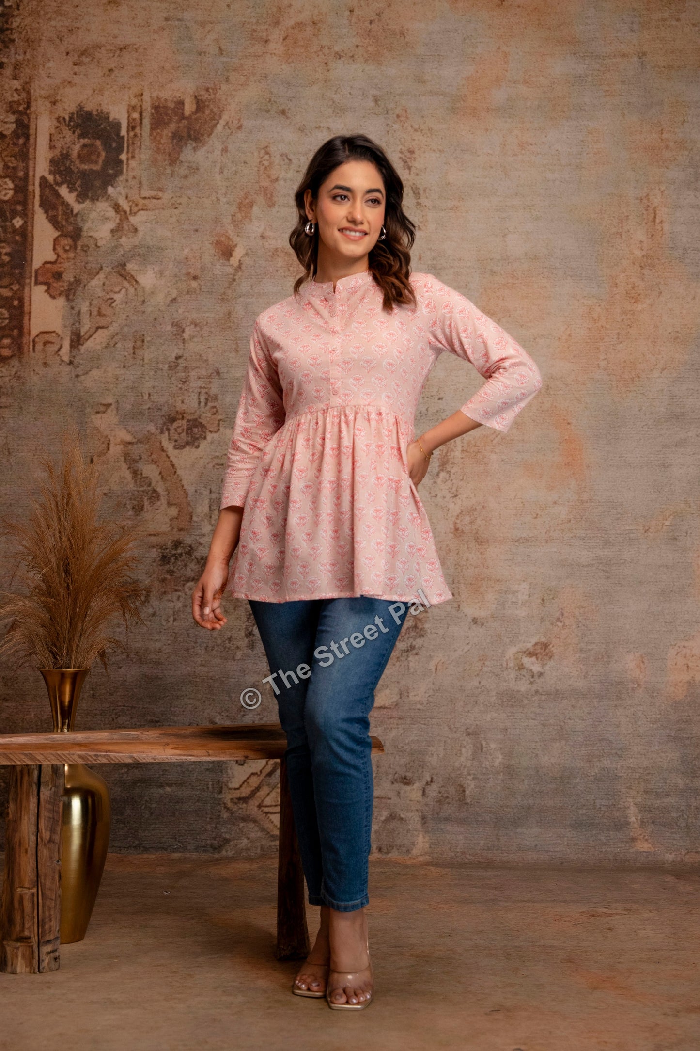 Hand Block Cotton Short Kurti – Blush Pink Buti Print