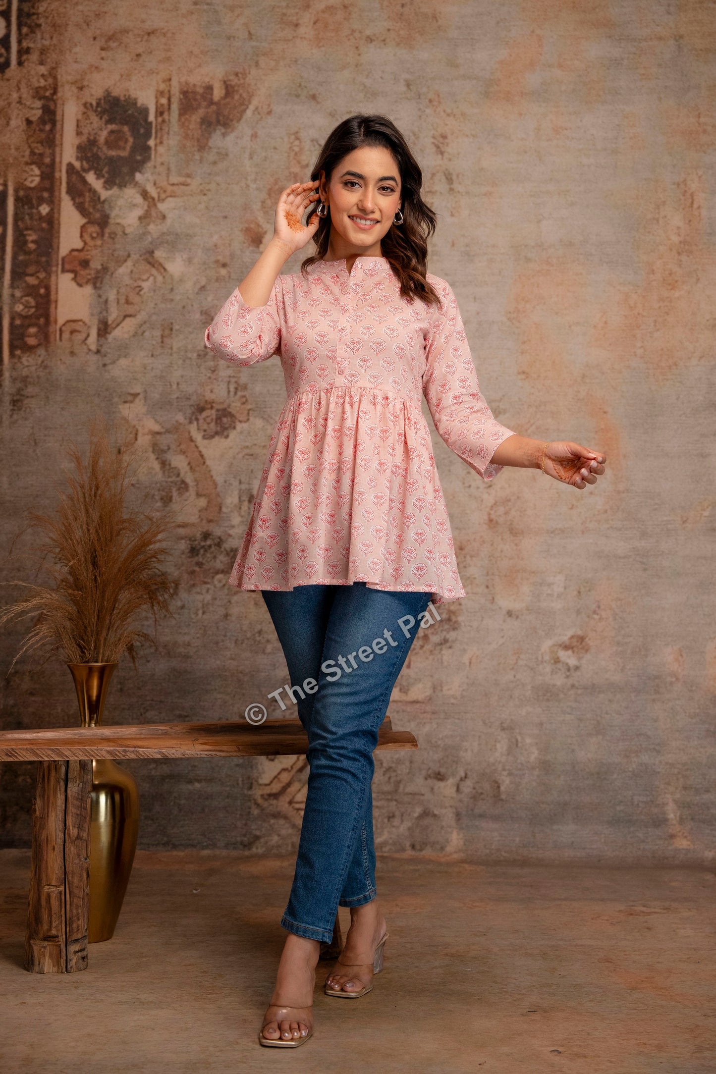 Hand Block Cotton Short Kurti – Blush Pink Buti Print