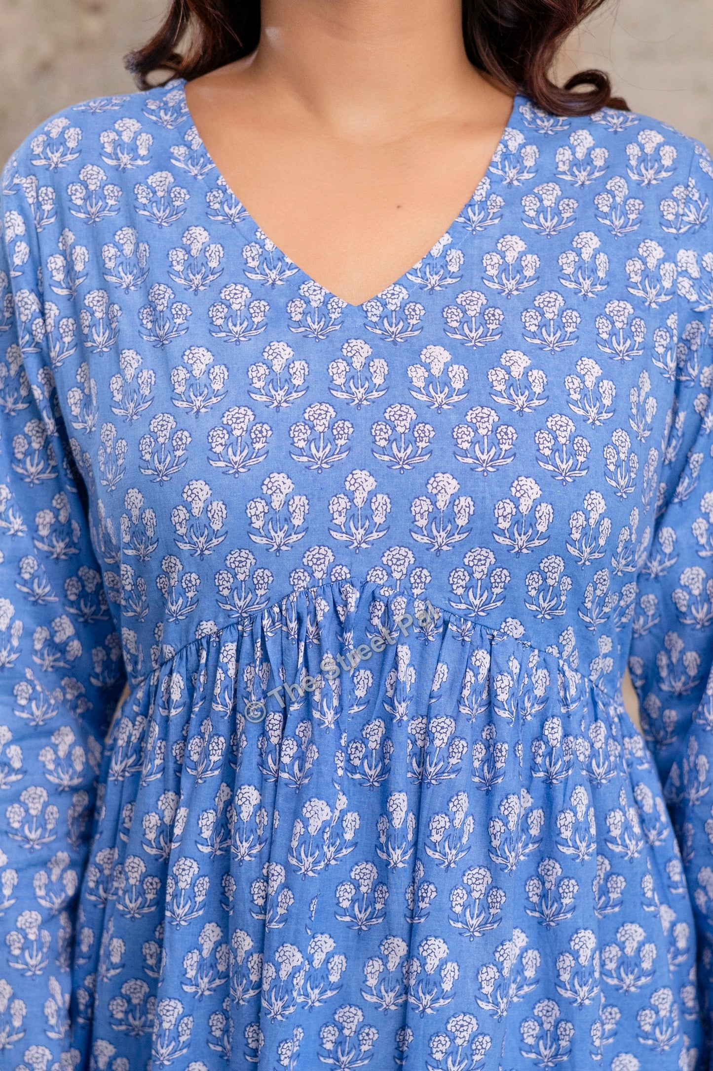 Floral Hand Block Cotton Short Kurti – Sky Blue