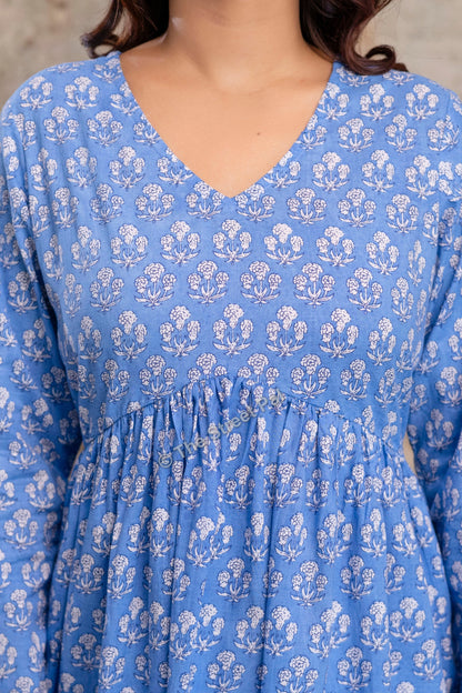 Floral Hand Block Cotton Short Kurti – Sky Blue