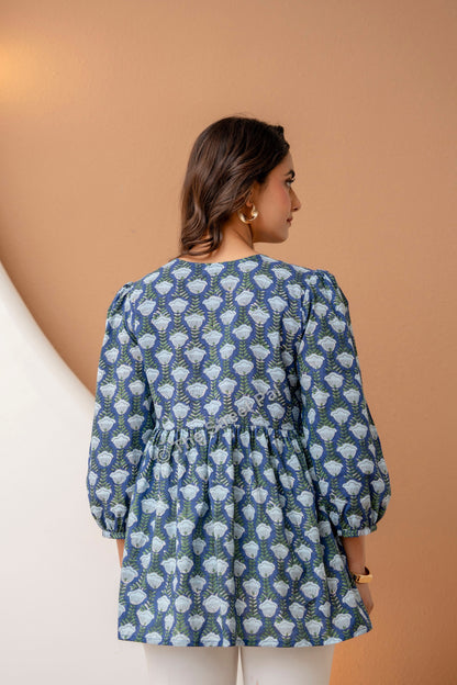 Hand Block Cotton Short Kurti – Indigo Blue Buta Print