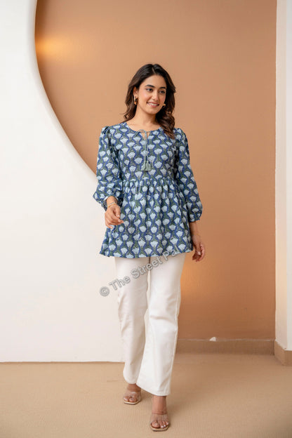 Hand Block Cotton Short Kurti – Indigo Blue Buta Print
