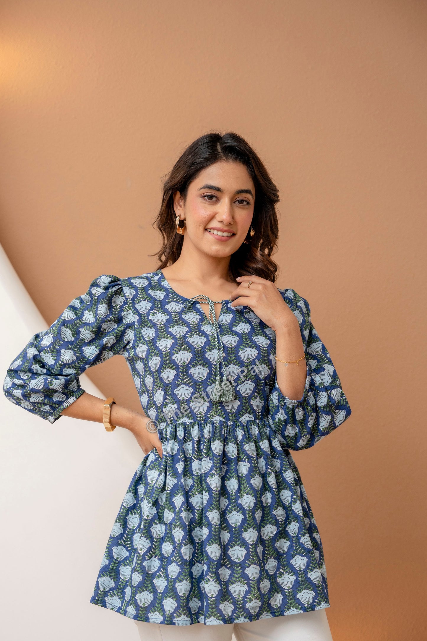 Hand Block Cotton Short Kurti – Indigo Blue Buta Print