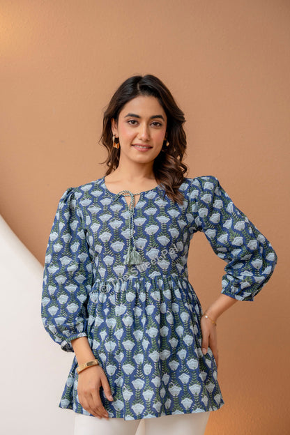 Hand Block Cotton Short Kurti – Indigo Blue Buta Print