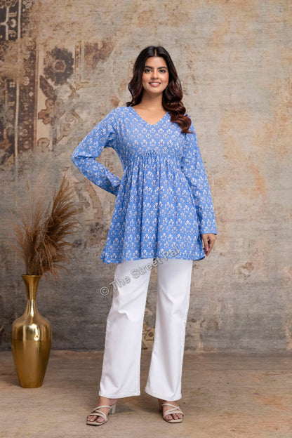 Floral Hand Block Cotton Short Kurti – Sky Blue