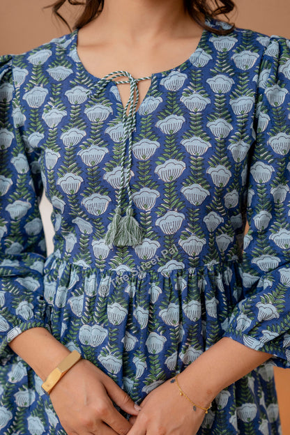 Hand Block Cotton Short Kurti – Indigo Blue Buta Print