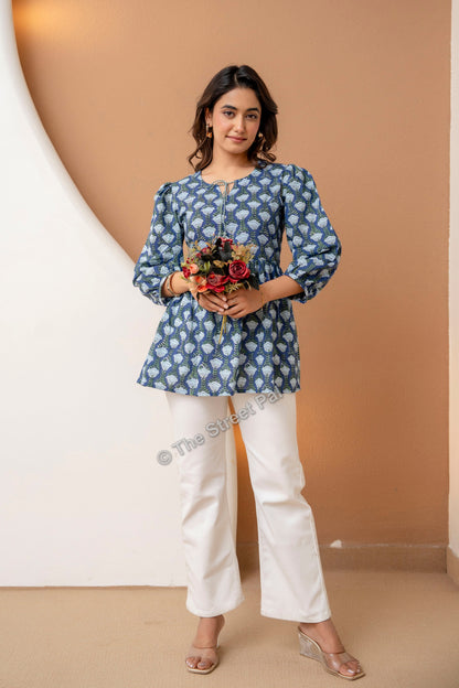 Hand Block Cotton Short Kurti – Indigo Blue Buta Print