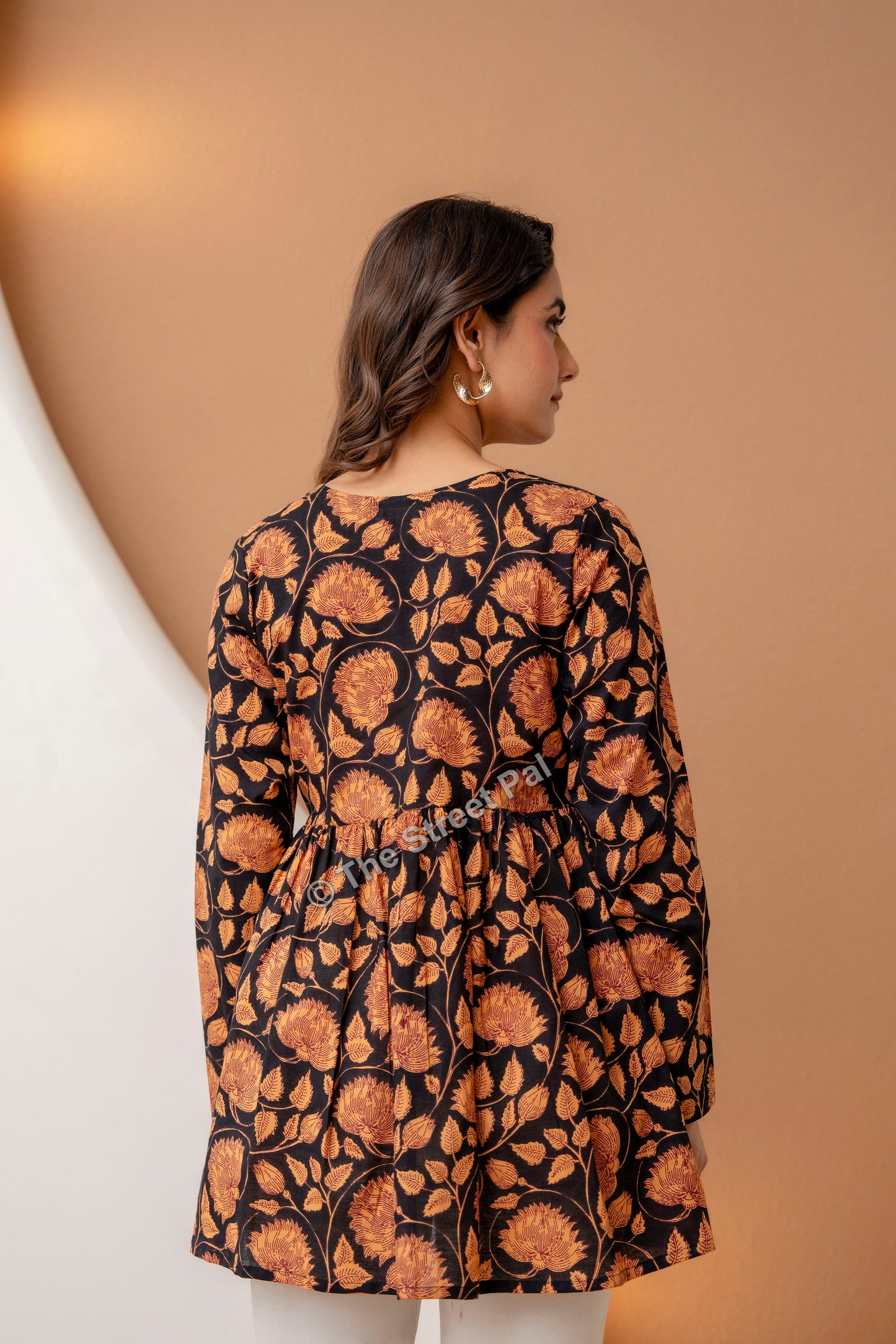 Floral Hand Block Cotton Short Kurti – Black Rust