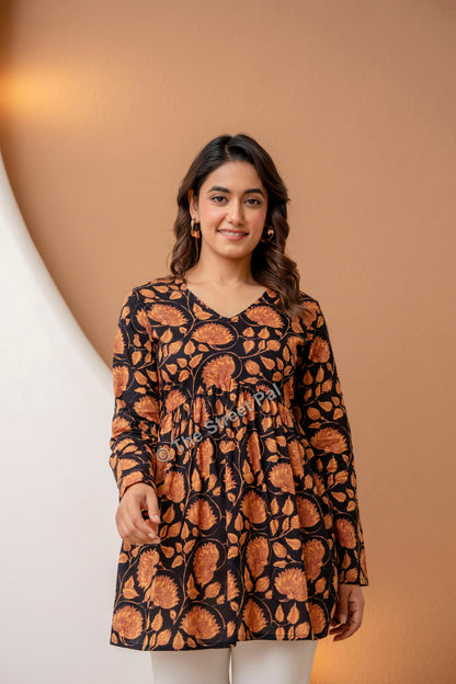 Floral Hand Block Cotton Short Kurti – Black Rust