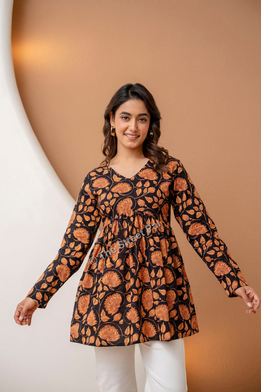 Floral Hand Block Cotton Short Kurti – Black Rust