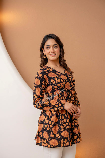 Floral Hand Block Cotton Short Kurti – Black Rust