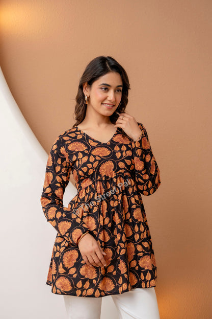 Floral Hand Block Cotton Short Kurti – Black Rust