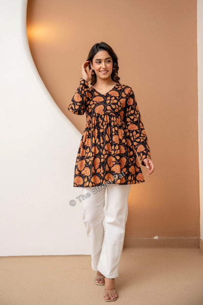Floral Hand Block Cotton Short Kurti – Black Rust