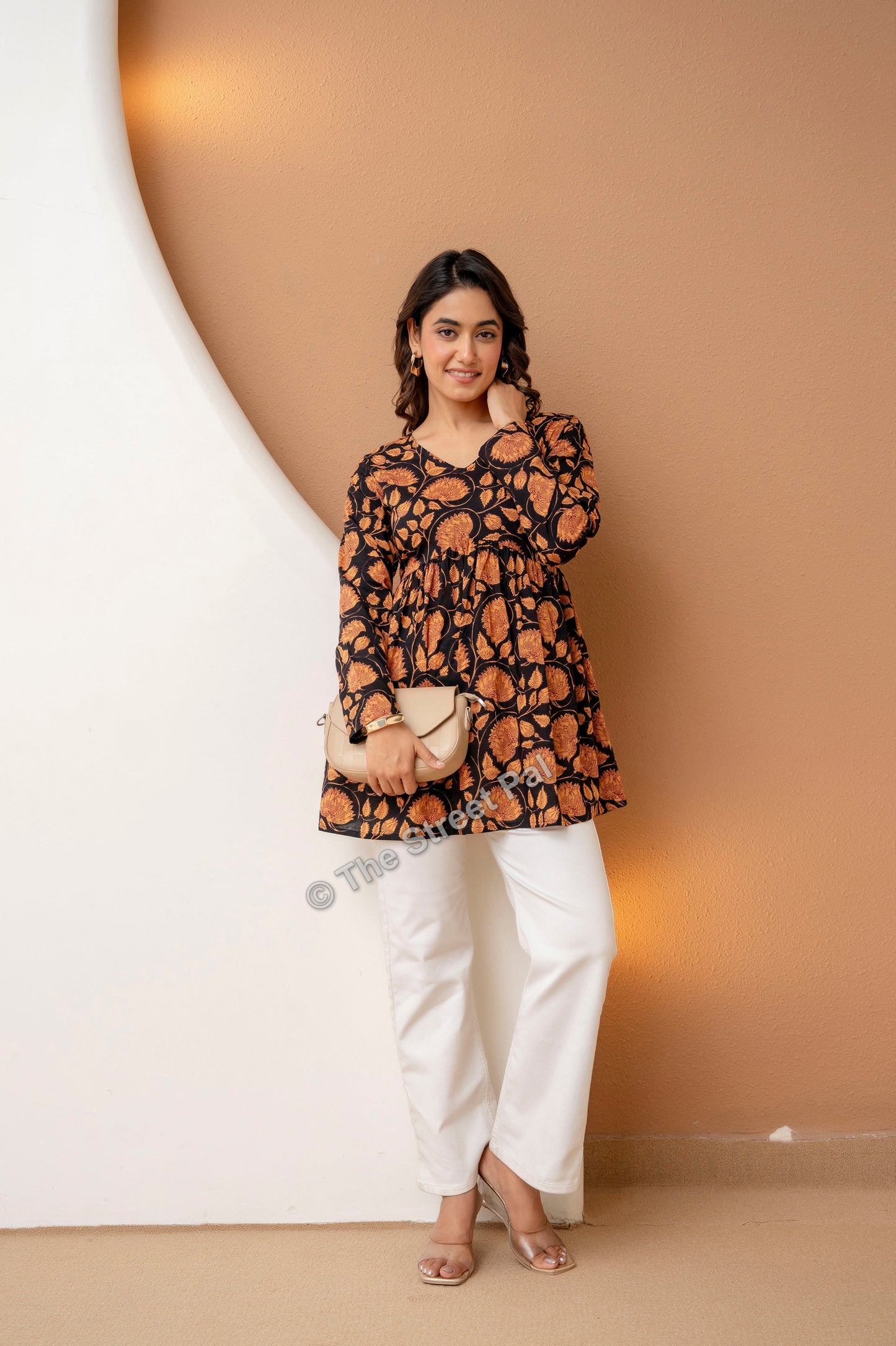 Floral Hand Block Cotton Short Kurti – Black Rust