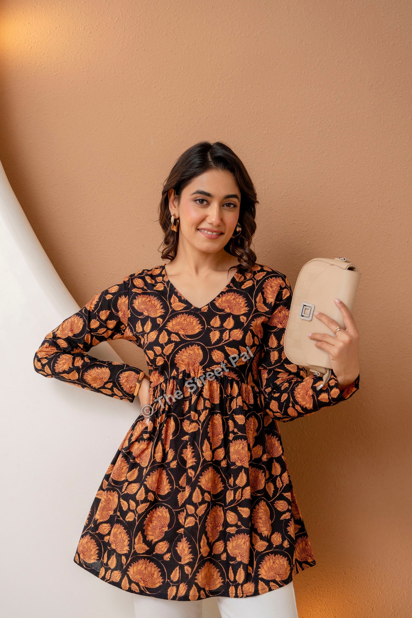 Floral Hand Block Cotton Short Kurti – Black Rust