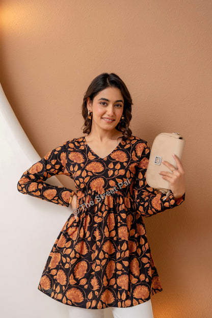 Floral Hand Block Cotton Short Kurti – Black Rust