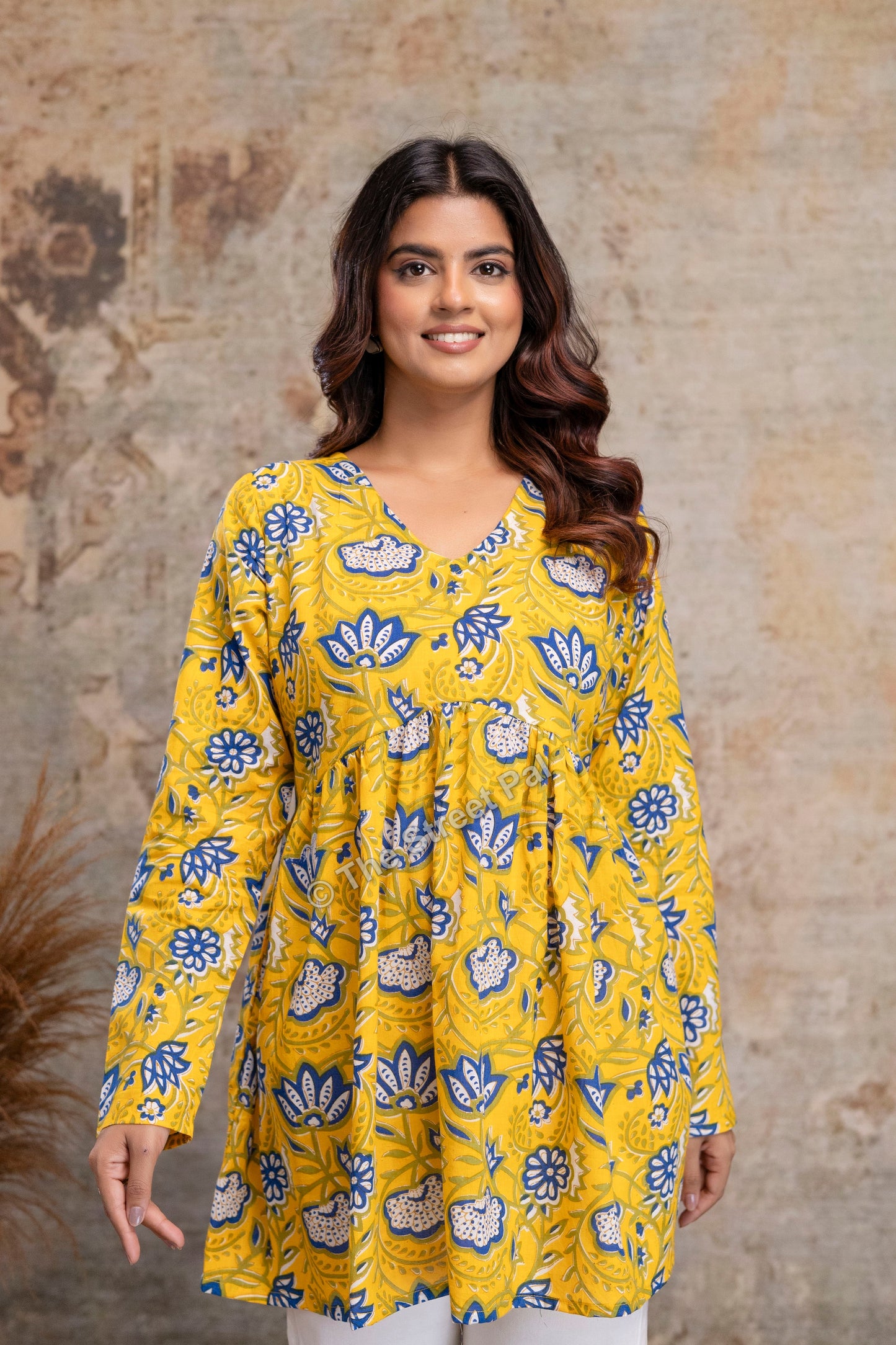 Floral Hand Block Cotton Short Kurti – Mustard Yellow