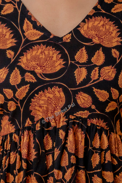 Floral Hand Block Cotton Short Kurti – Black Rust