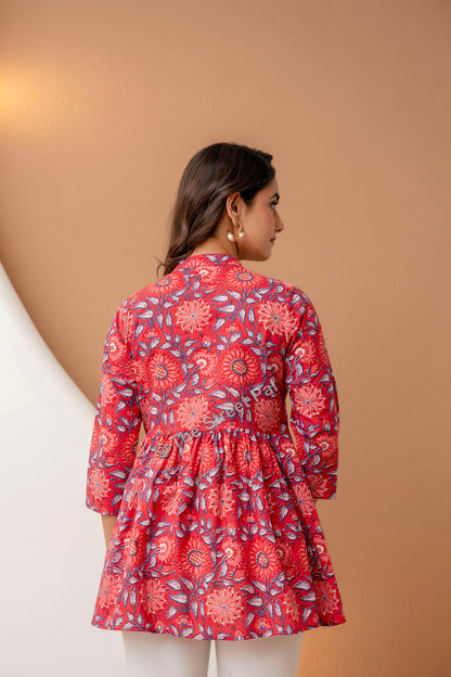 Floral Hand Block Cotton Short Kurti – Red Blue