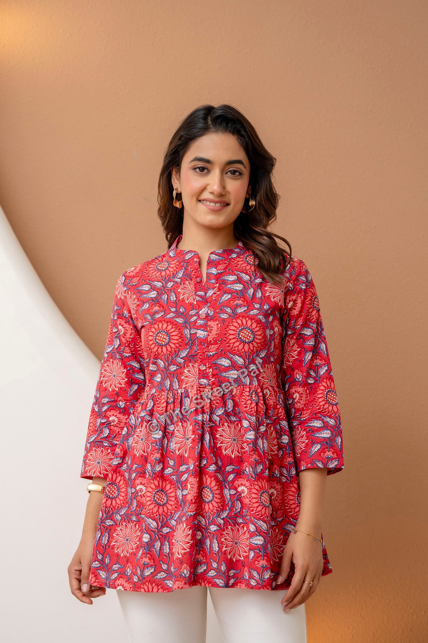 Floral Hand Block Cotton Short Kurti – Red Blue