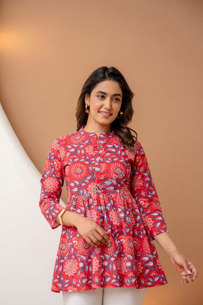 Floral Hand Block Cotton Short Kurti – Red Blue
