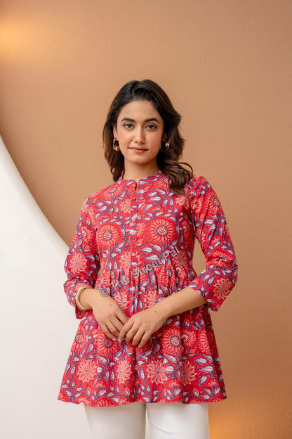 Floral Hand Block Cotton Short Kurti – Red Blue