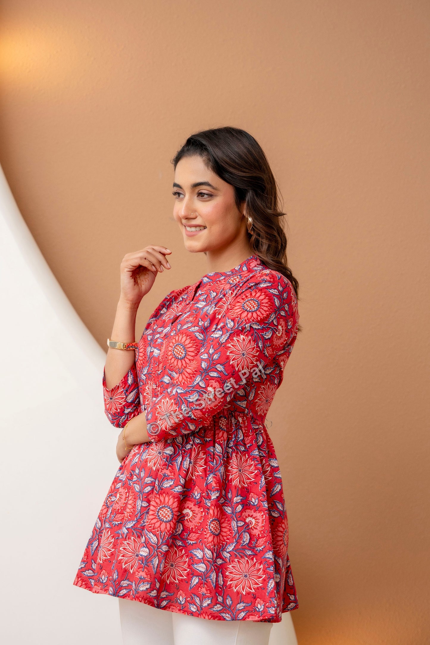 Floral Hand Block Cotton Short Kurti – Red Blue