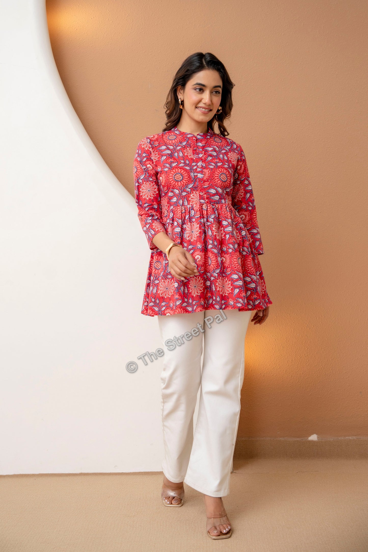 Floral Hand Block Cotton Short Kurti – Red Blue