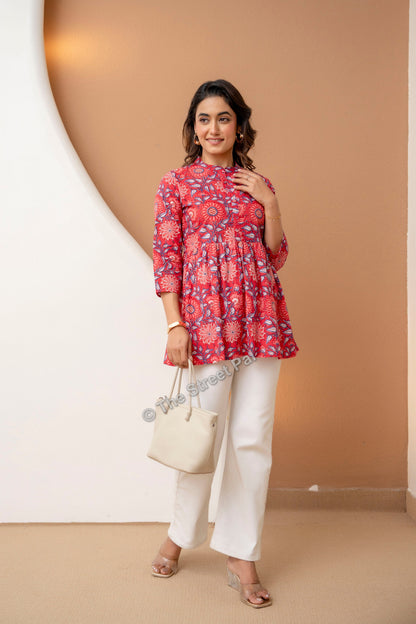 Floral Hand Block Cotton Short Kurti – Red Blue