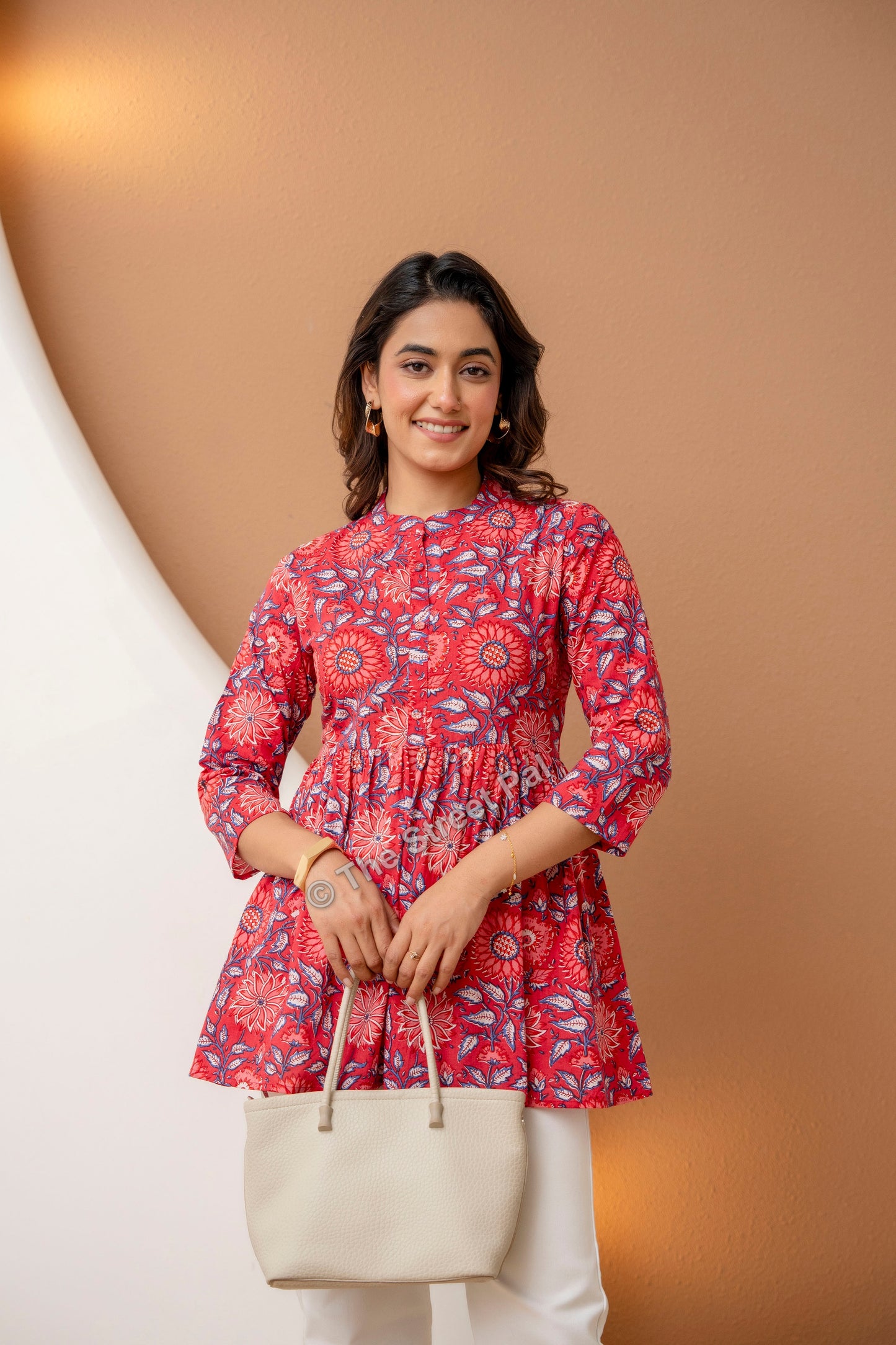 Floral Hand Block Cotton Short Kurti – Red Blue