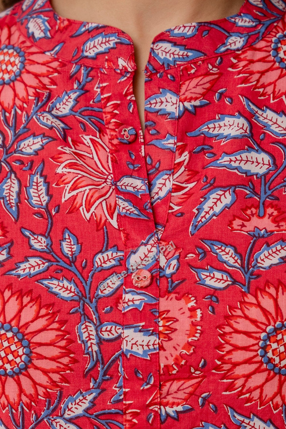 Floral Hand Block Cotton Short Kurti – Red Blue