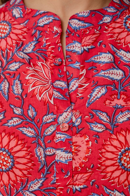 Floral Hand Block Cotton Short Kurti – Red Blue