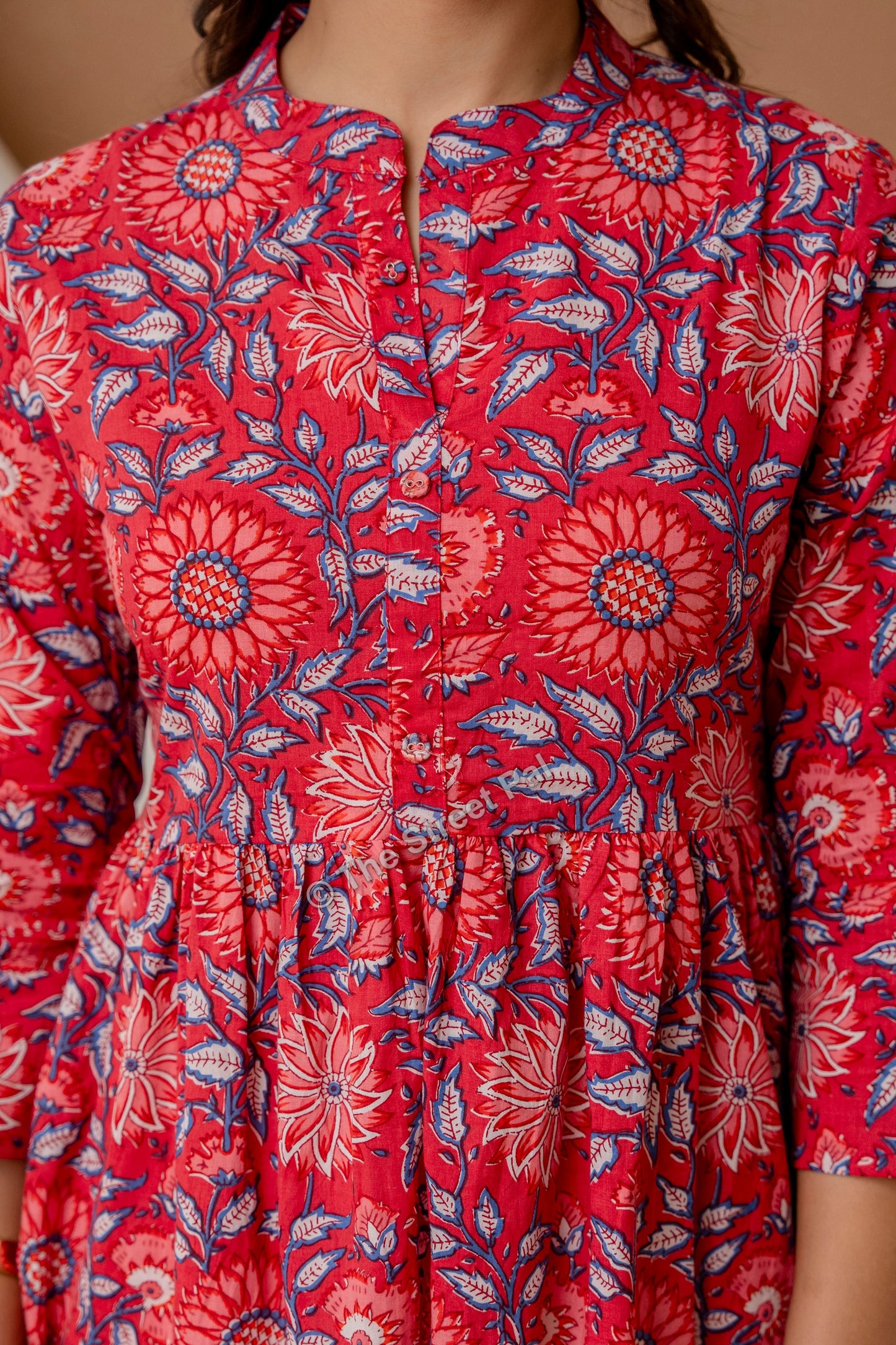 Floral Hand Block Cotton Short Kurti – Red Blue