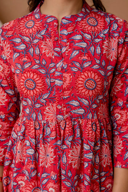 Floral Hand Block Cotton Short Kurti – Red Blue