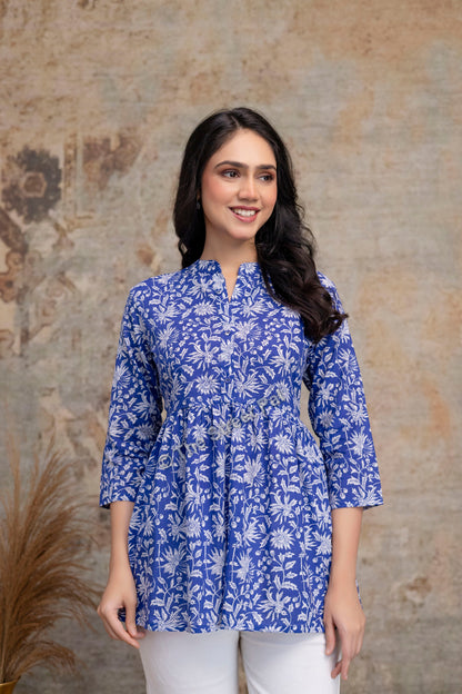 Floral Hand Block Cotton Short Kurti – Royal Blue