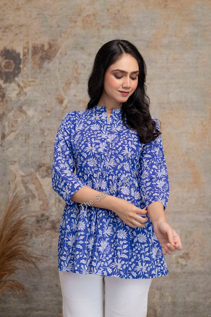 Floral Hand Block Cotton Short Kurti – Royal Blue