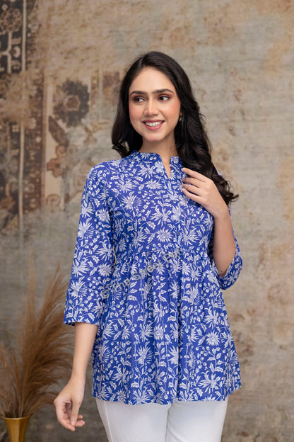 Floral Hand Block Cotton Short Kurti – Royal Blue