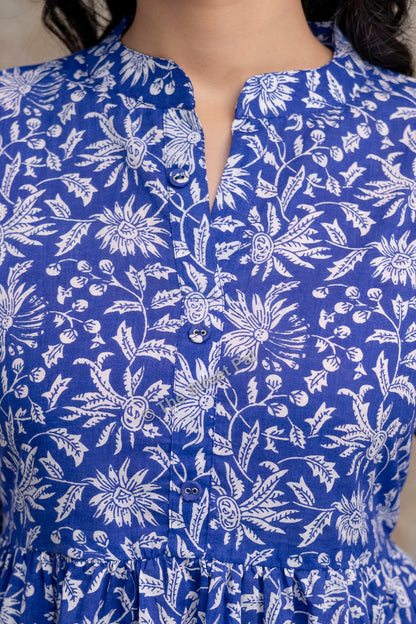 Floral Hand Block Cotton Short Kurti – Royal Blue