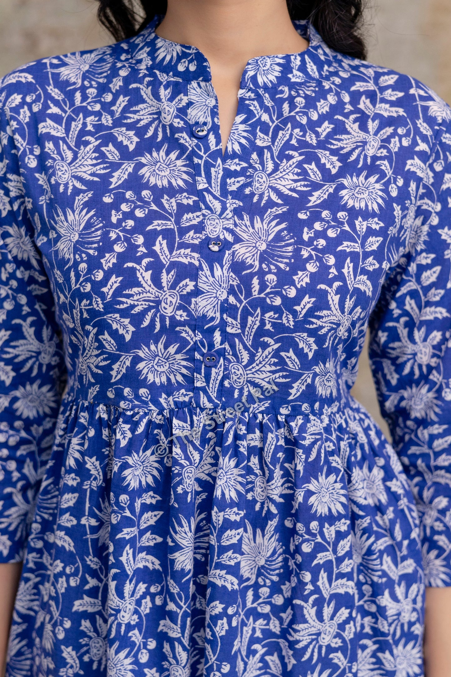 Floral Hand Block Cotton Short Kurti – Royal Blue