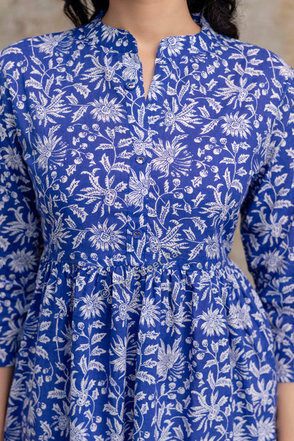 Floral Hand Block Cotton Short Kurti – Royal Blue
