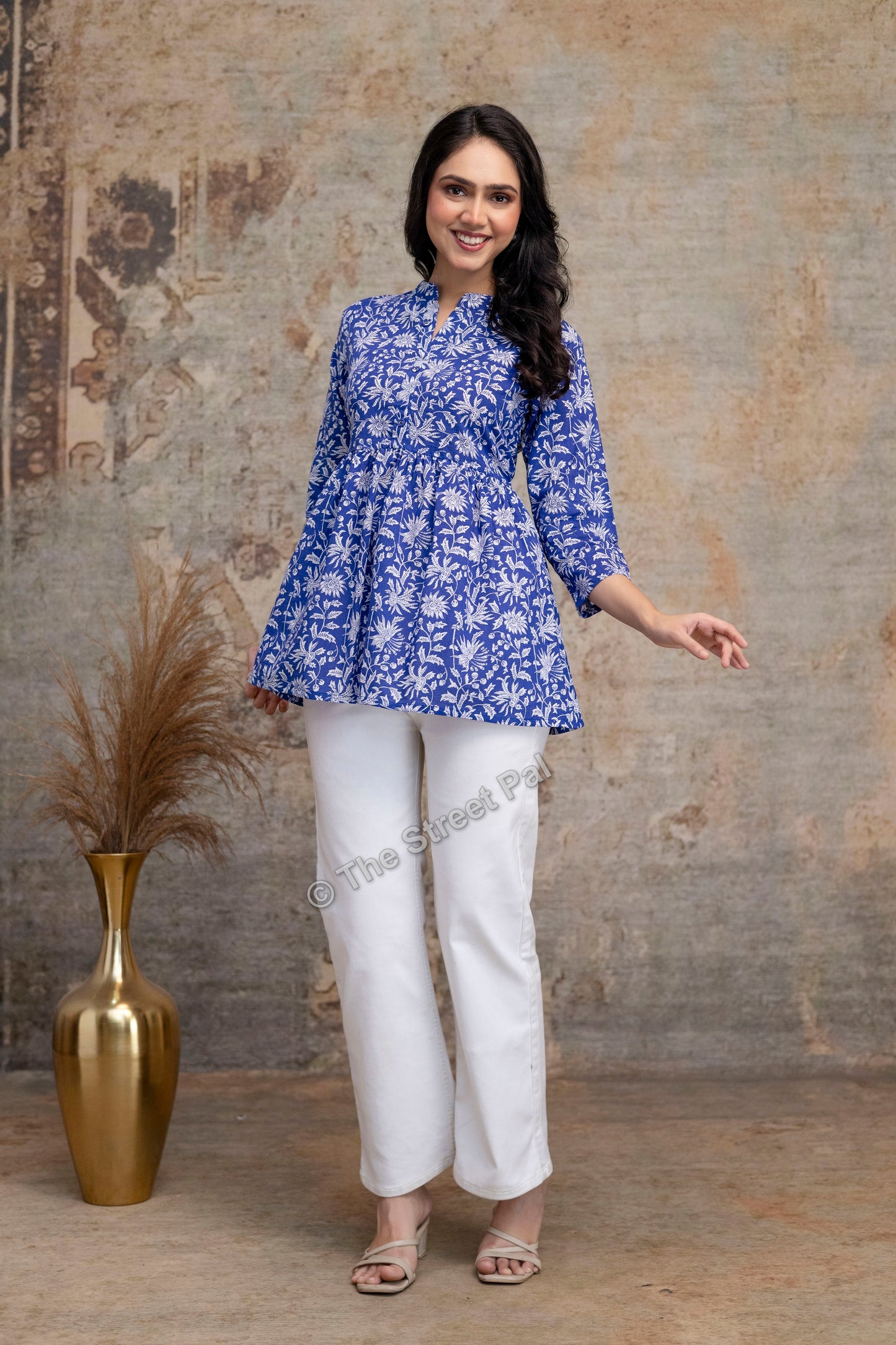 Floral Hand Block Cotton Short Kurti – Royal Blue