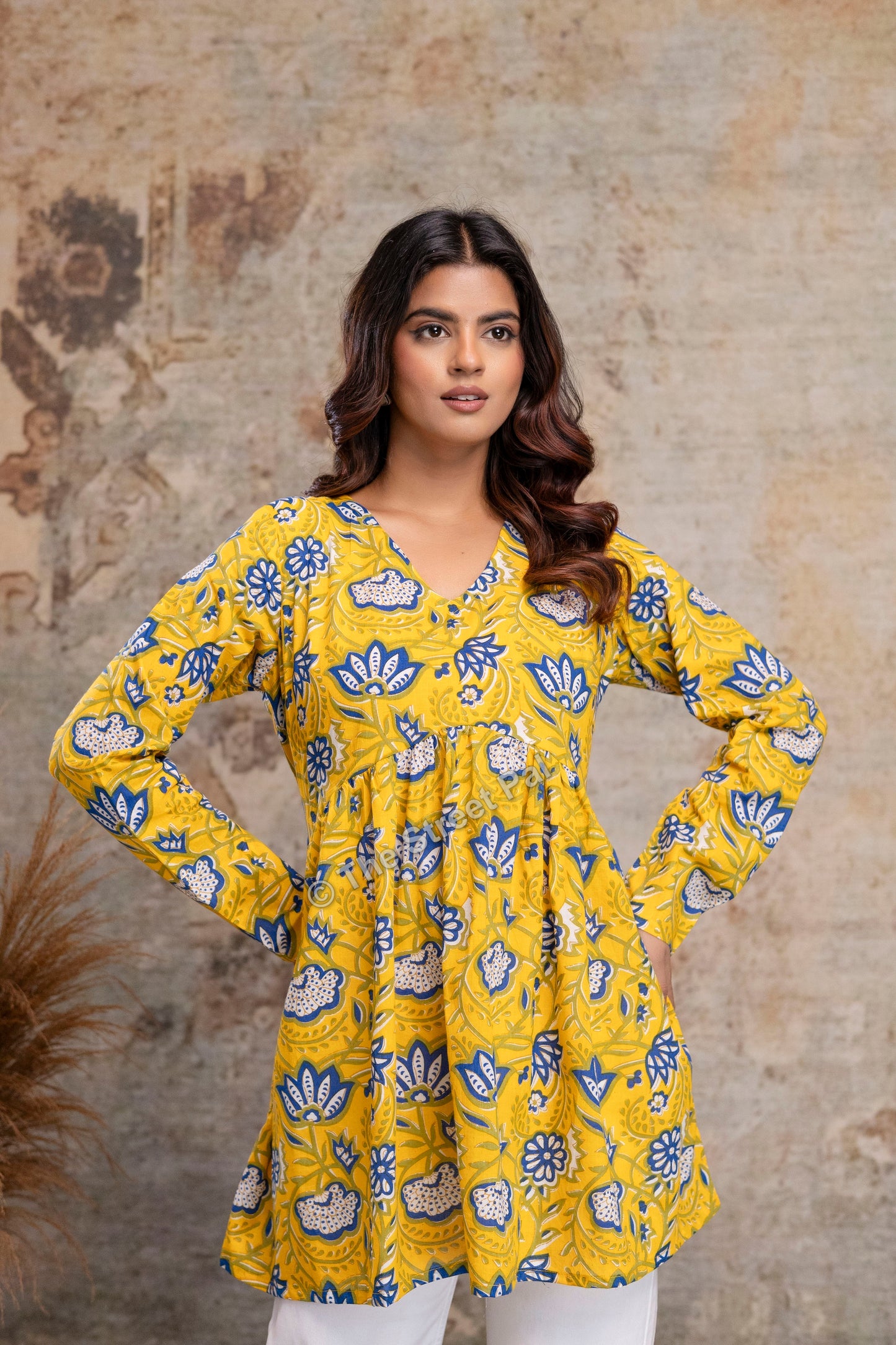 Floral Hand Block Cotton Short Kurti – Mustard Yellow