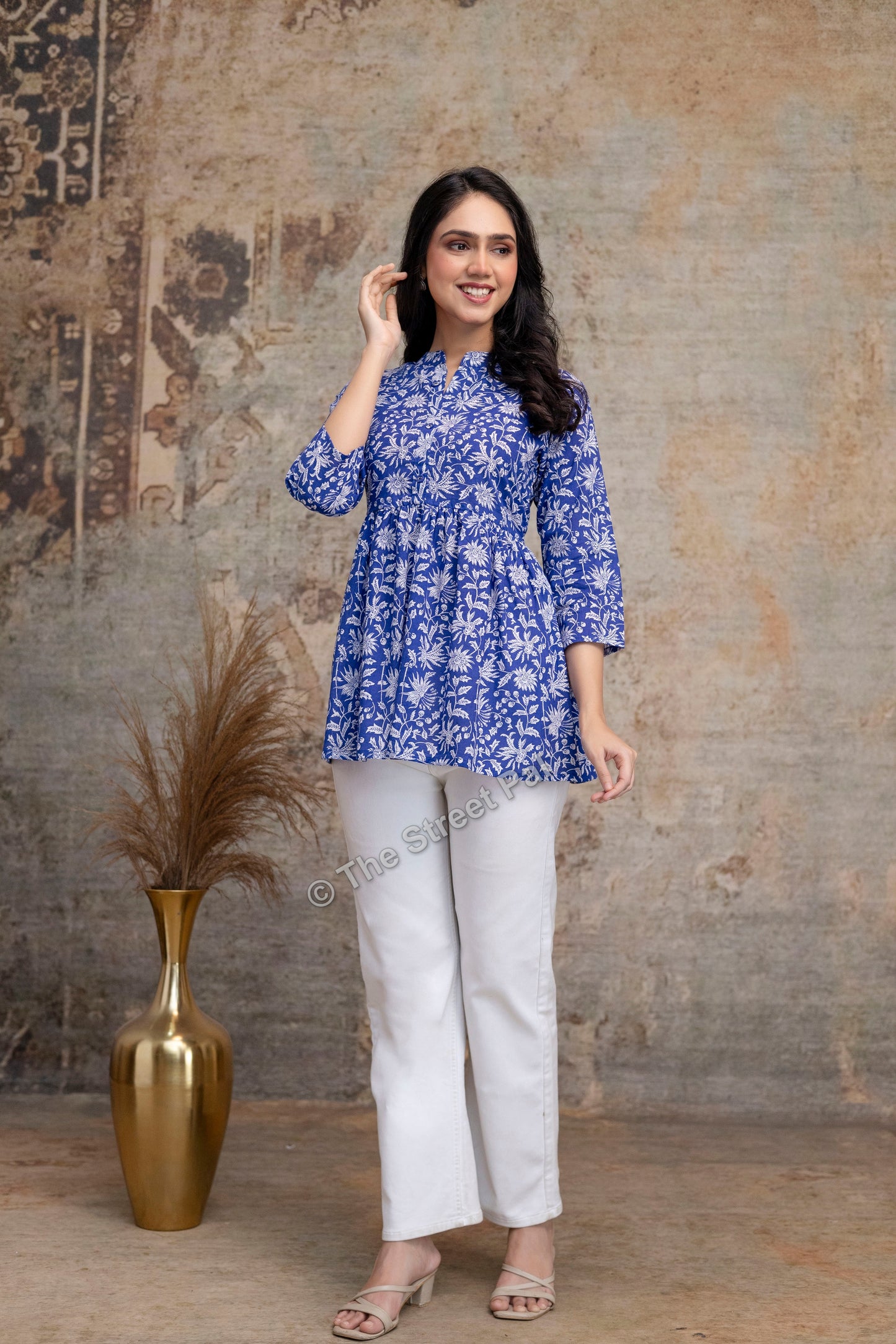 Floral Hand Block Cotton Short Kurti – Royal Blue