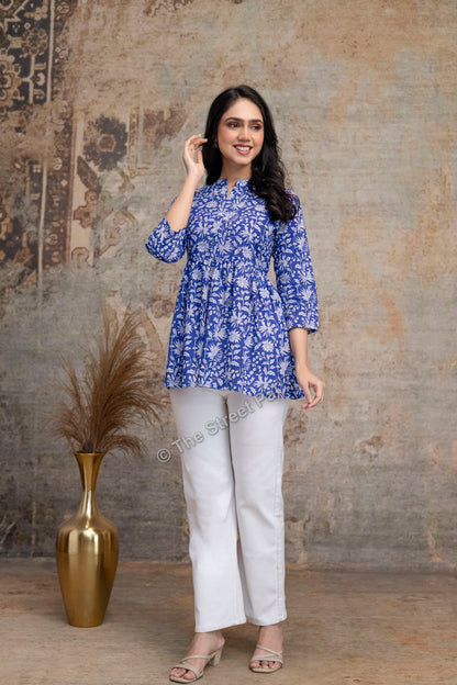 Floral Hand Block Cotton Short Kurti – Royal Blue