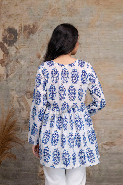 Hand Block Cotton Short Kurti – White & Blue Buta Print