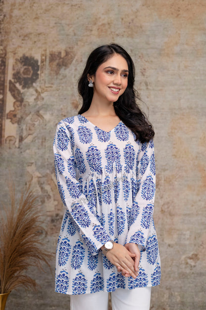Hand Block Cotton Short Kurti – White & Blue Buta Print