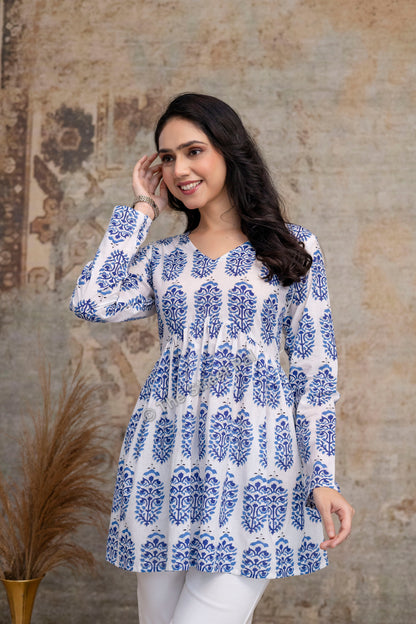 Hand Block Cotton Short Kurti – White & Blue Buta Print