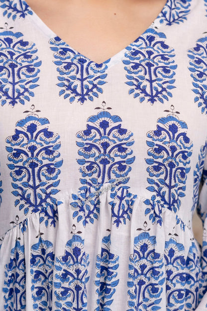 Hand Block Cotton Short Kurti – White & Blue Buta Print